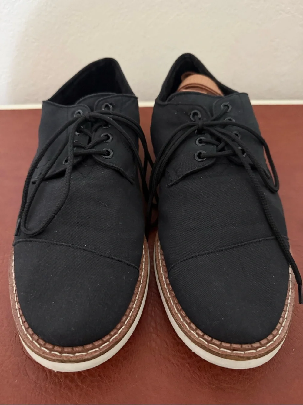 Toms Black Canvas Oxfords with Brown Trim